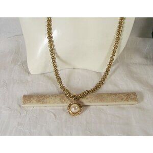 Vintage Roman Signed Necklace Faux Pearl Pendant Beautiful Flat Chain Style 24"